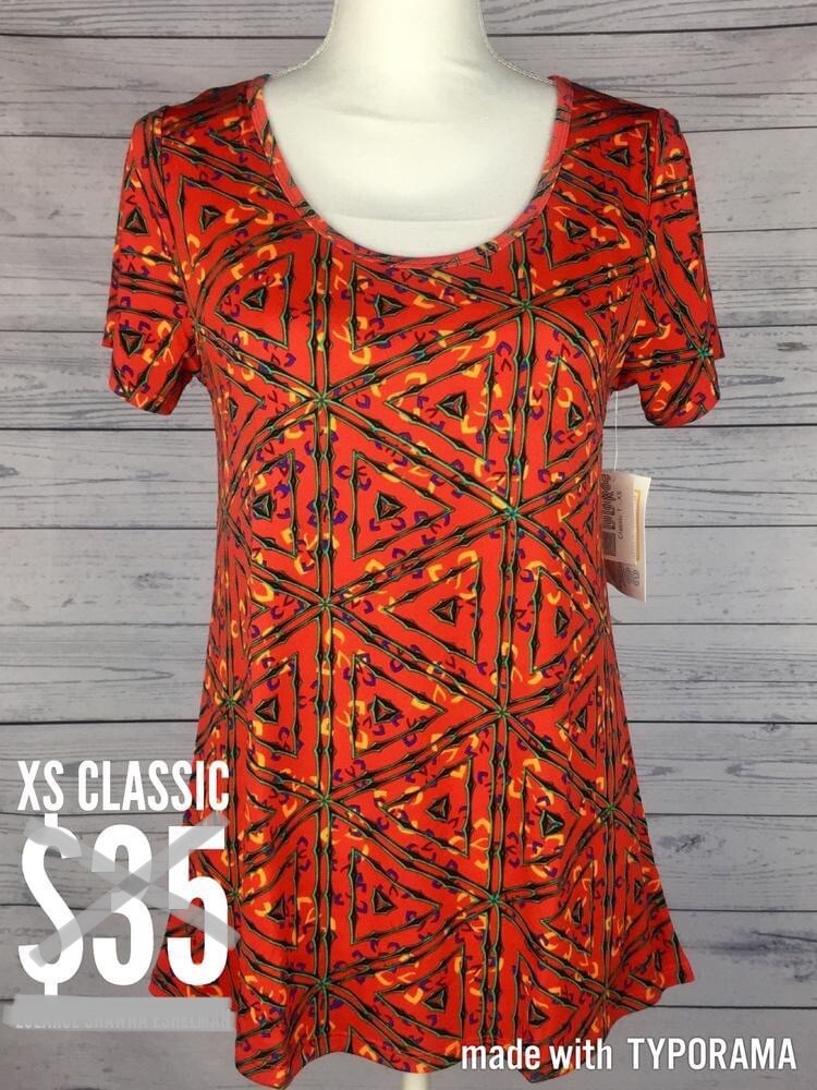 New! LuLaRoe XS (X-Small) Classic T BNWT Vintage 1.0 Multi-Colored Reddish Print