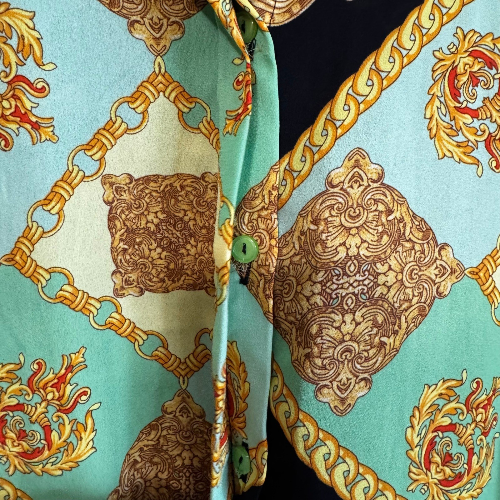 Vintage Blouse Baroque Chain Print Button Up Hollywood Glam Timing Womens 2X