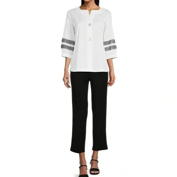 NWOT Ming Wang Women’s Whit Button Down Shirt Black Embroidery 3/4 Sleeve Size S