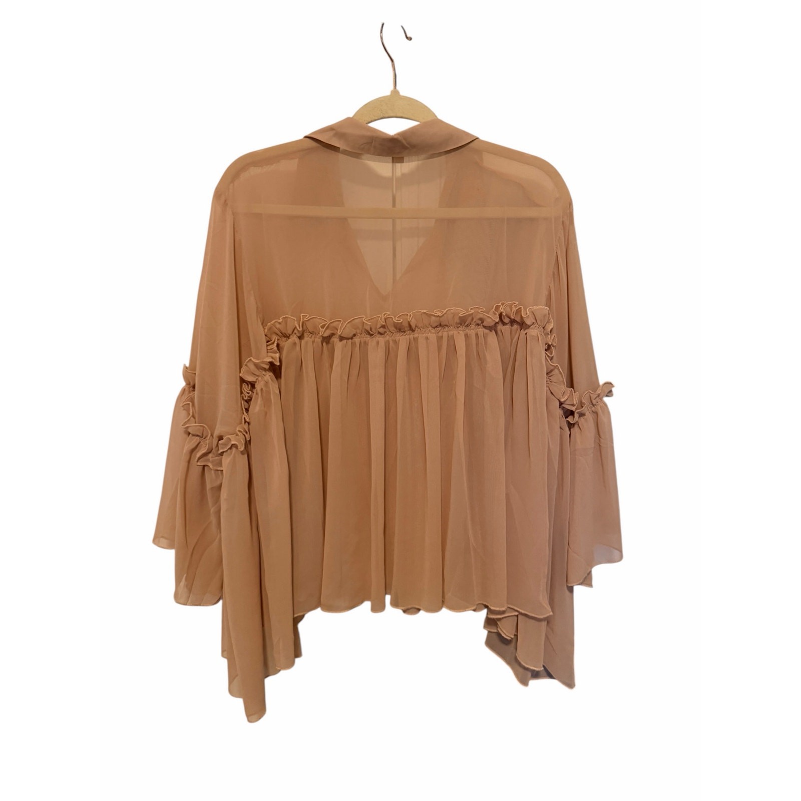Ellie & Kate Women’s Small Light Pink Sheer Long Sleeve Tasseled Collar Blouse