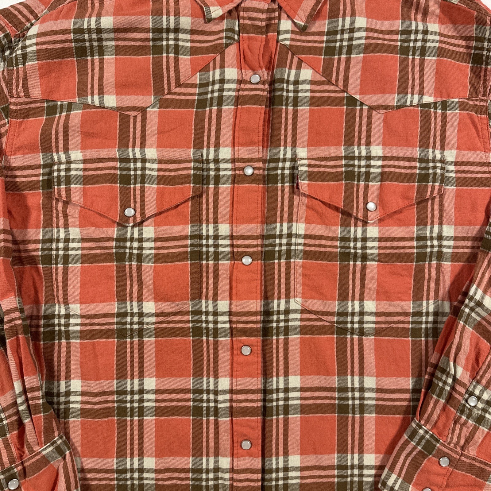 Levi Pearl Snap Shirt Womens Large Pink Plaid Flannel Western Cowboy Outdoor USA