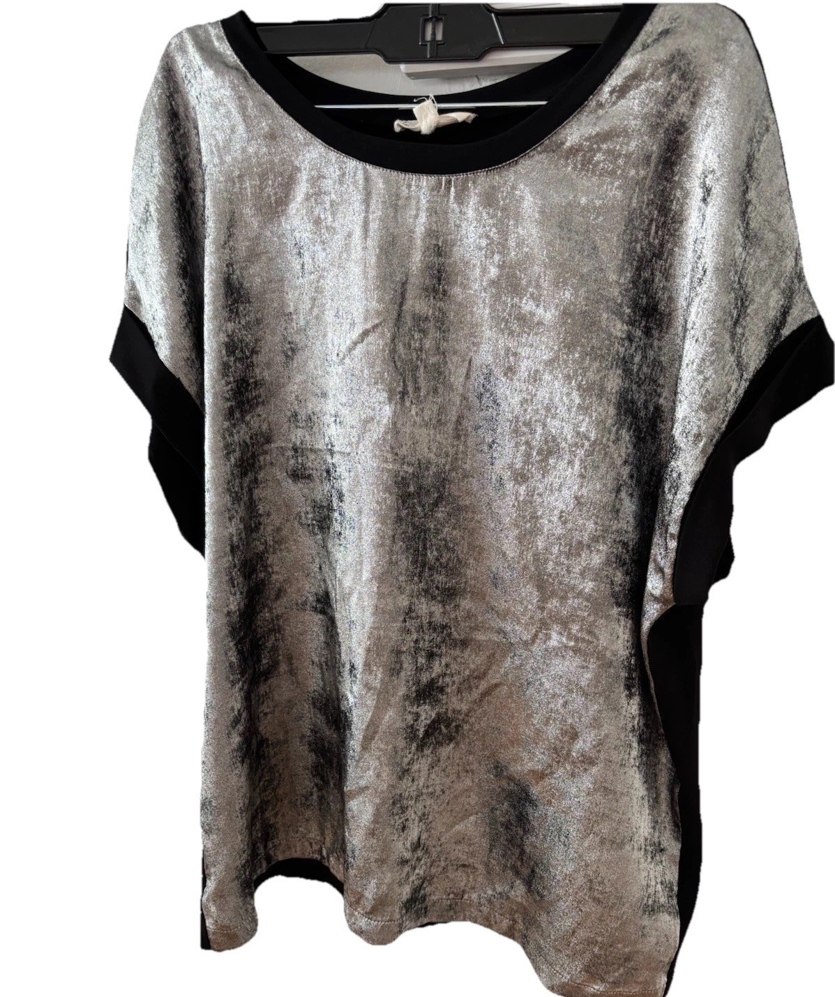 Silver Metallic Foil Top Women L Black Contrast Stretch Party Evening size L