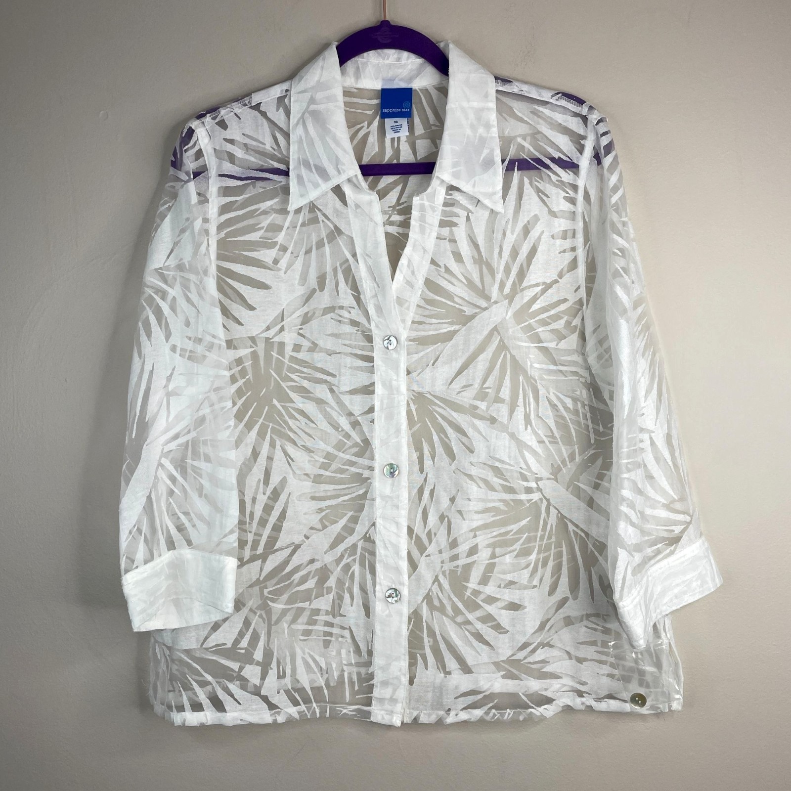 Boutique Top NWOT Women 16 Button Up Sheer Coastal Beachy Layering Blouse Travel