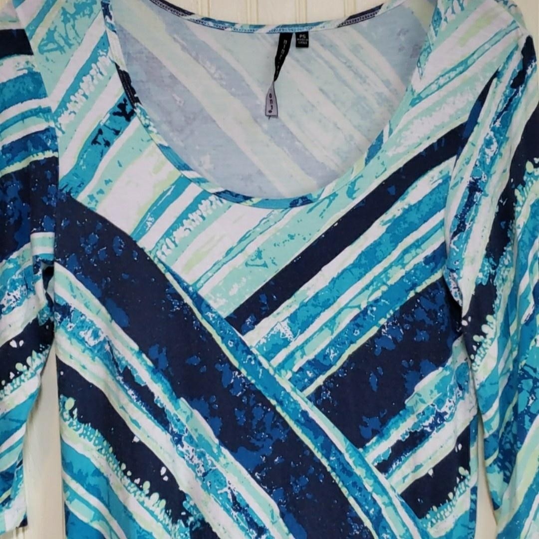 Nine Four One Shirt Womens Petite PS Blue Scoop Neck 3/4 Sleeve Stripe Tunic Top