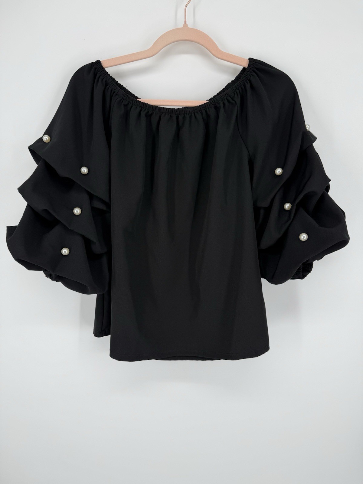 CeCe Black Ruffle Puff Sleeve Pearl Studded Blouse Top M