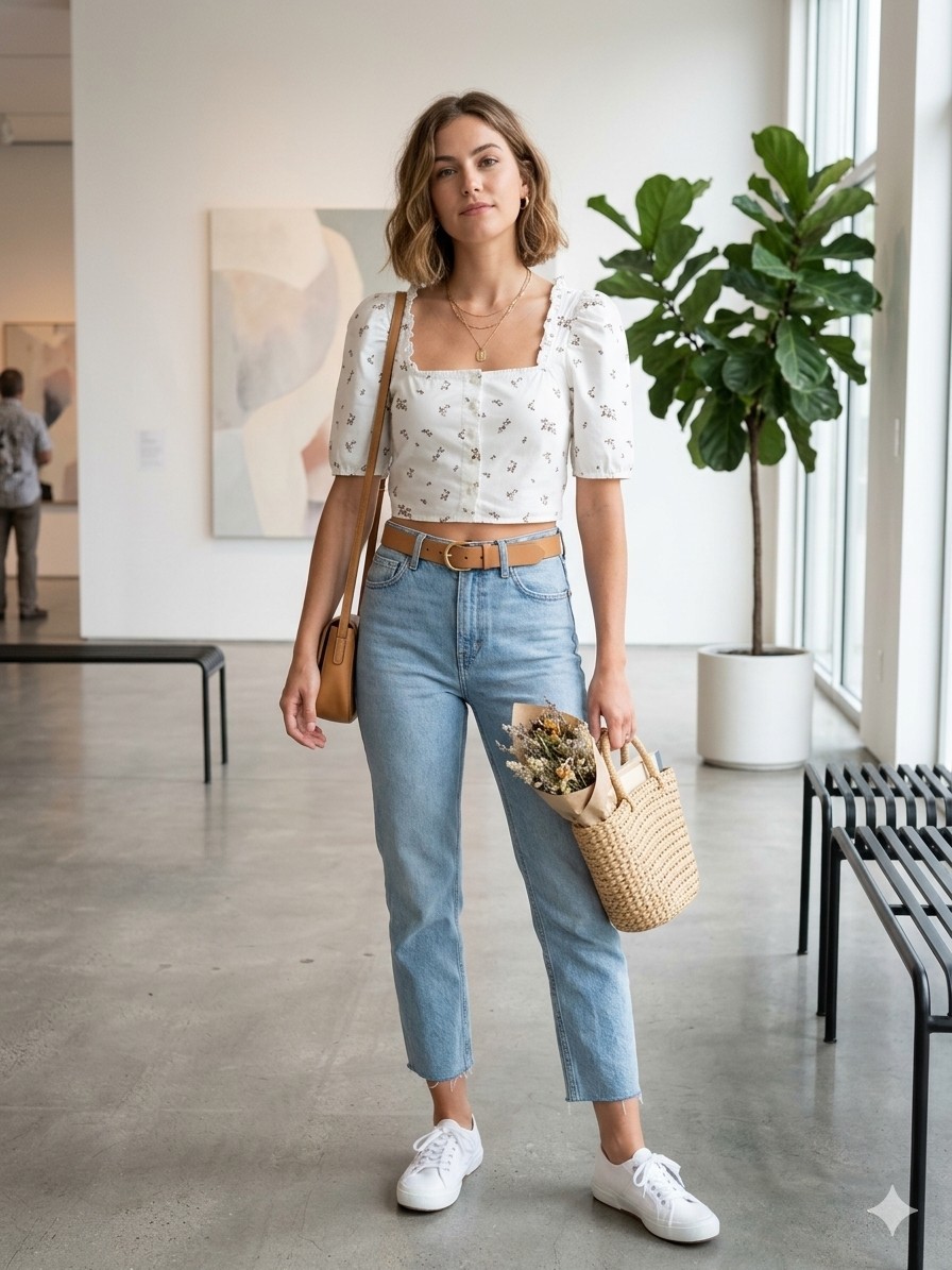 Levi’s XS Floral Crop Top White Brown Puff Sleeve Cottagecore Milkmaid Cotton