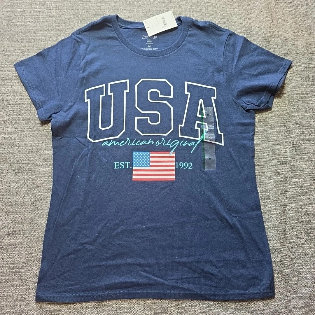 Zoe + Liv USA Women’s Graphic T-Shirt Navy Blue Short Sleeve Size Large Tee