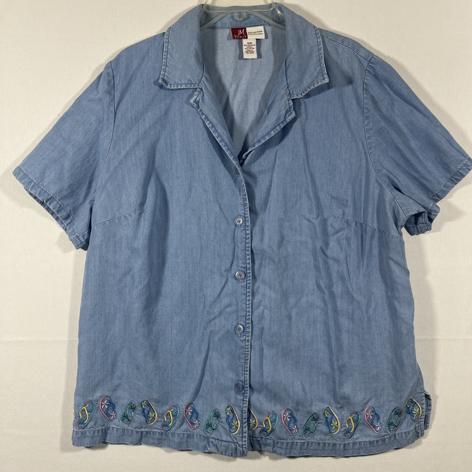 JM Collection Camp Shirt VTG Women Size 16W Blue Flip Flop Embroidery