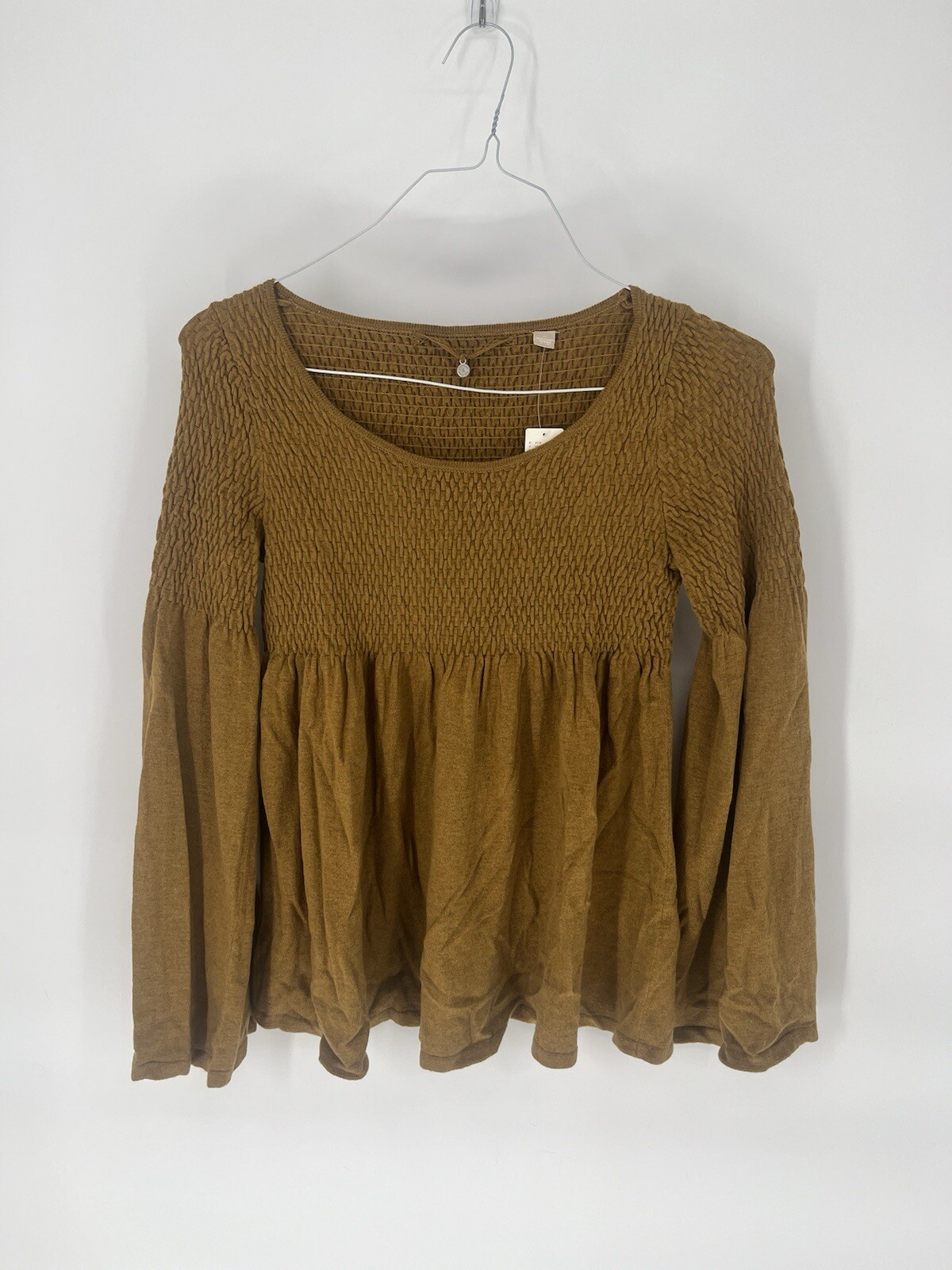 Knitted and Knotted Esme Smocked Top Womens XS Anthropologie Mustard Bell Sleeve