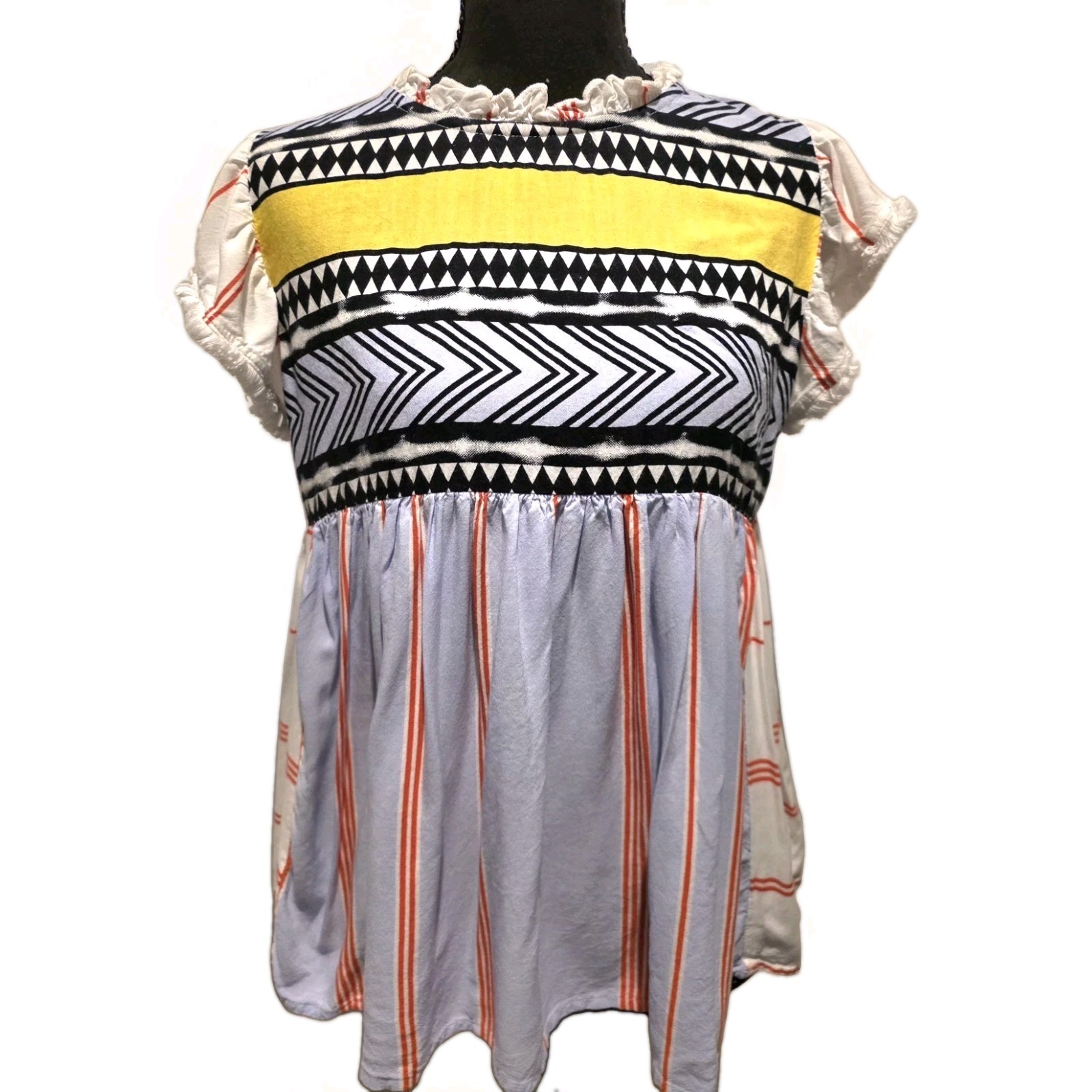 THML XS Mixed Print Top Ruffle Neck Colorblock Boho Geometric Striped Viscose