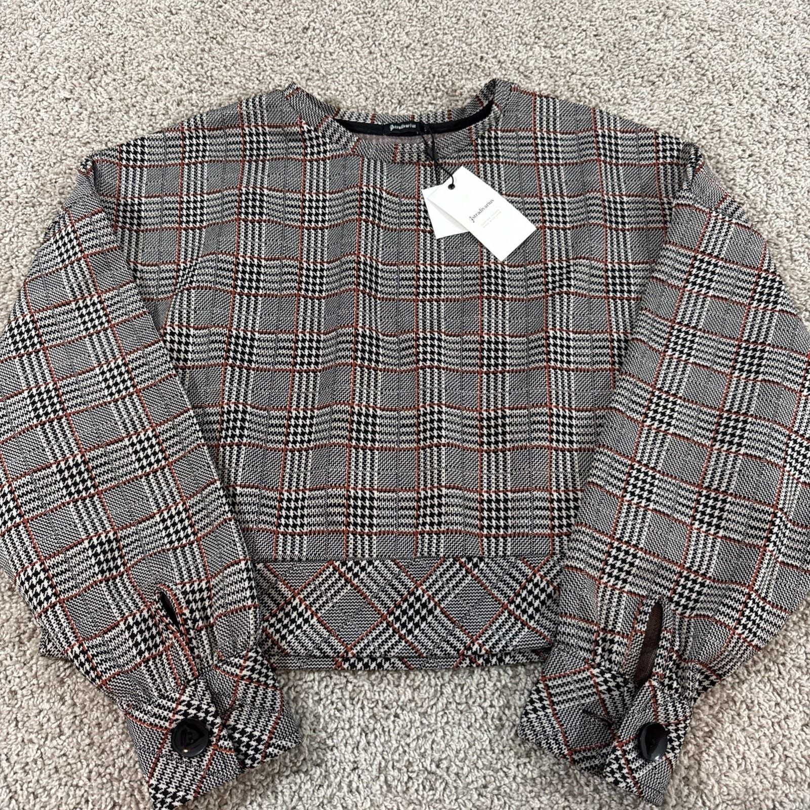 Stradivarius Womens Large Plaid Cropped Blouse Balloon Sleeve Check Top NWT