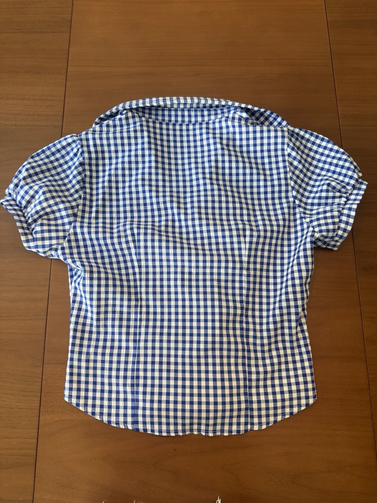 Women’s Blue/White Gingham Woven Cotton Button-Up Collared Blouse, Size S