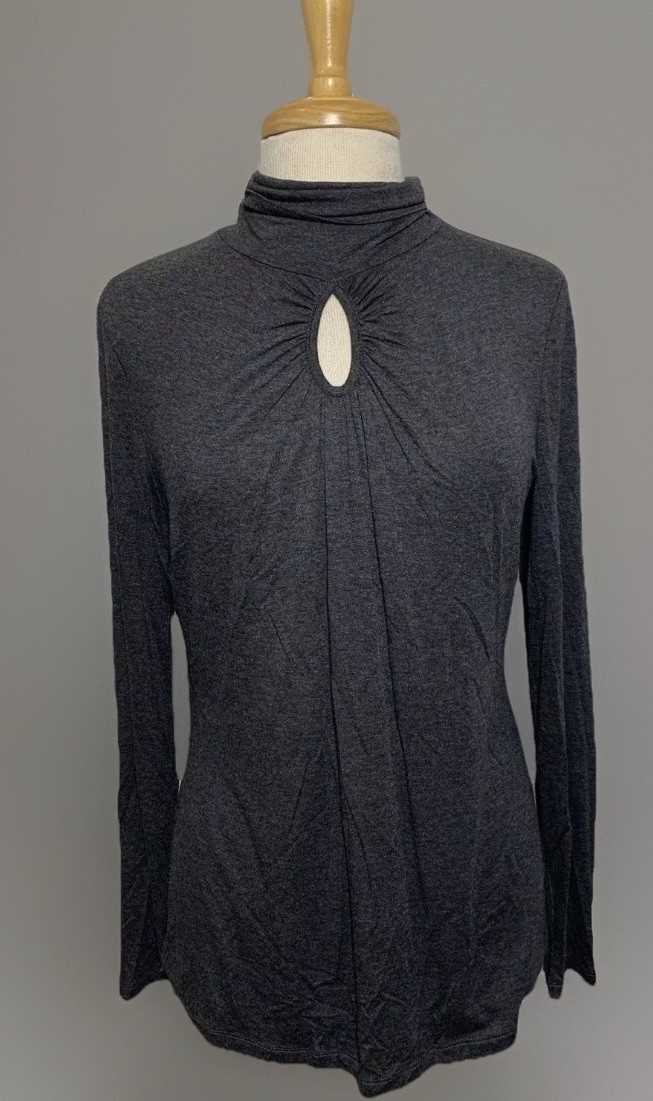 Spense Blouse Women’s Large Dark Gray Keyhole Mock Neck Long Sleeve Solid Shirt