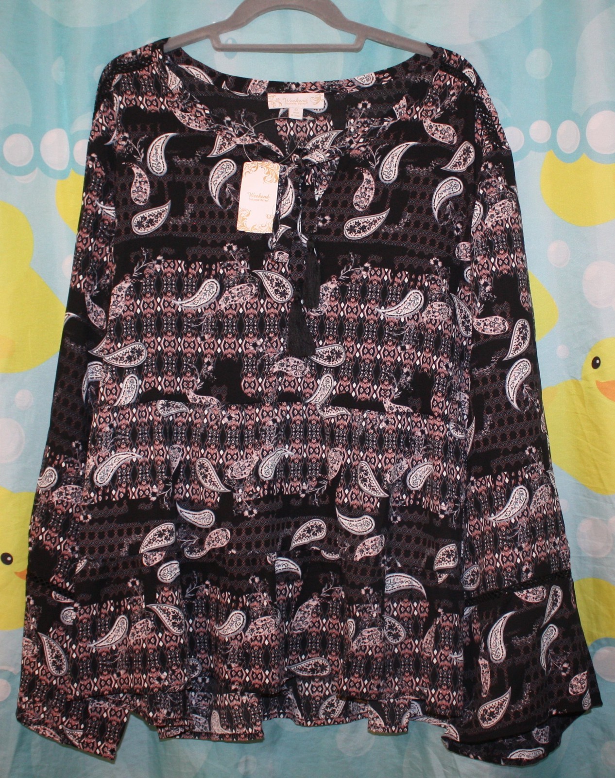 Suzanne Betro Weekend 4X Black/Blue/Tan Paisley Long Sleeve Tie Neck Top ret 100