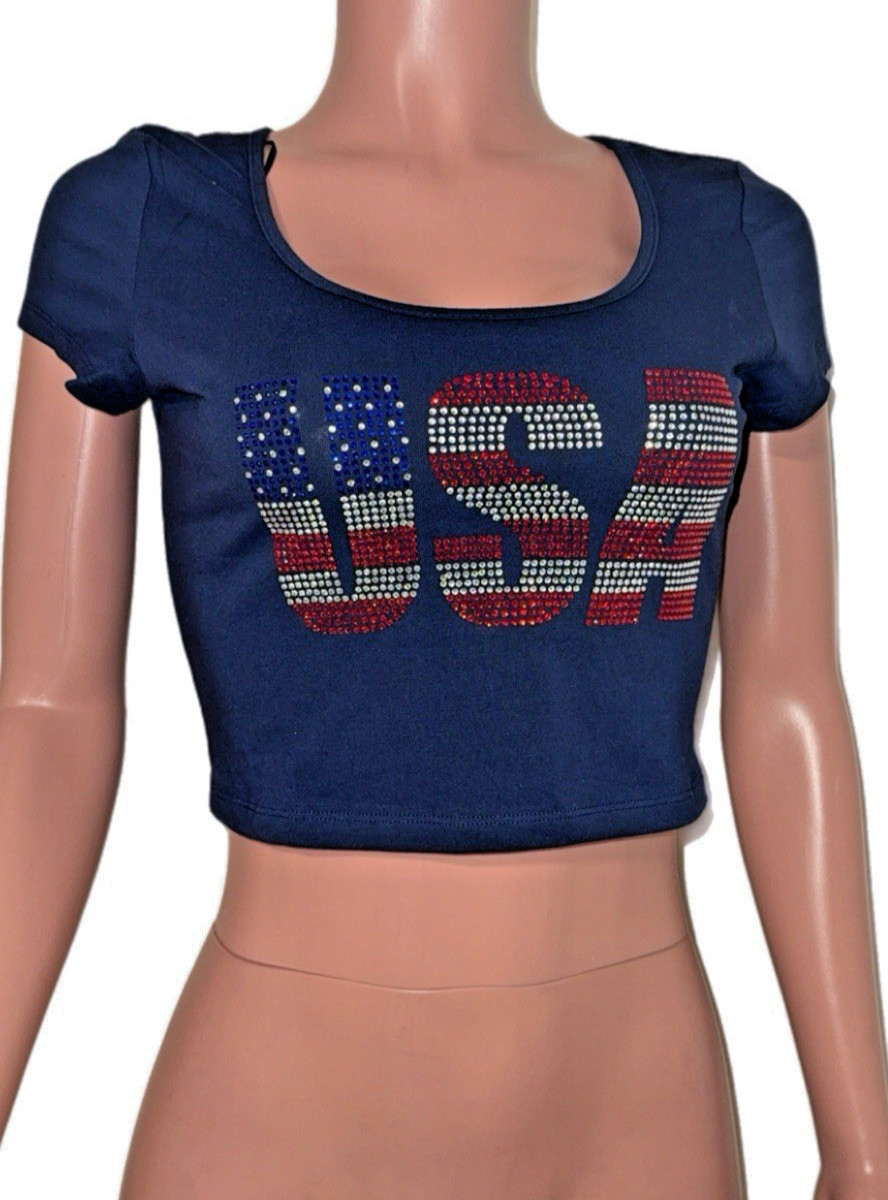 Rhinestone BLING BLING USA Patriotic S/S JULY 4TH Crop Top LCASUAL GLAM PARTY