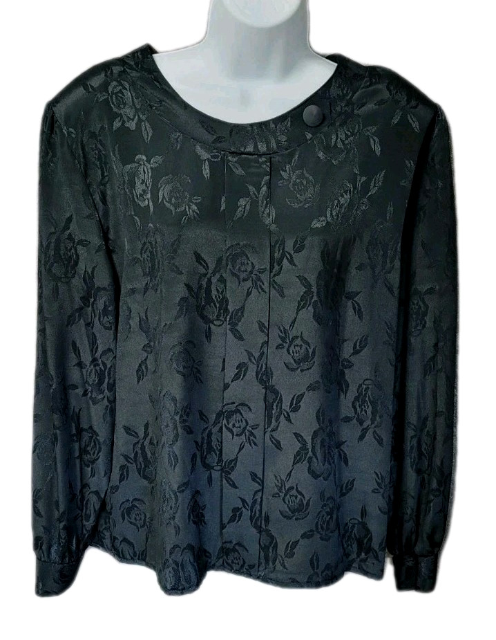 Vintage 80s Black Sateen Blouse 16 Elegant Mob Wife Rose Textured Big Shoulder