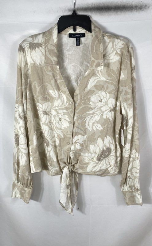Ellen Tracy Women’s Beige Aztec Floral Tie Front Crop Blouse Sz M NWT