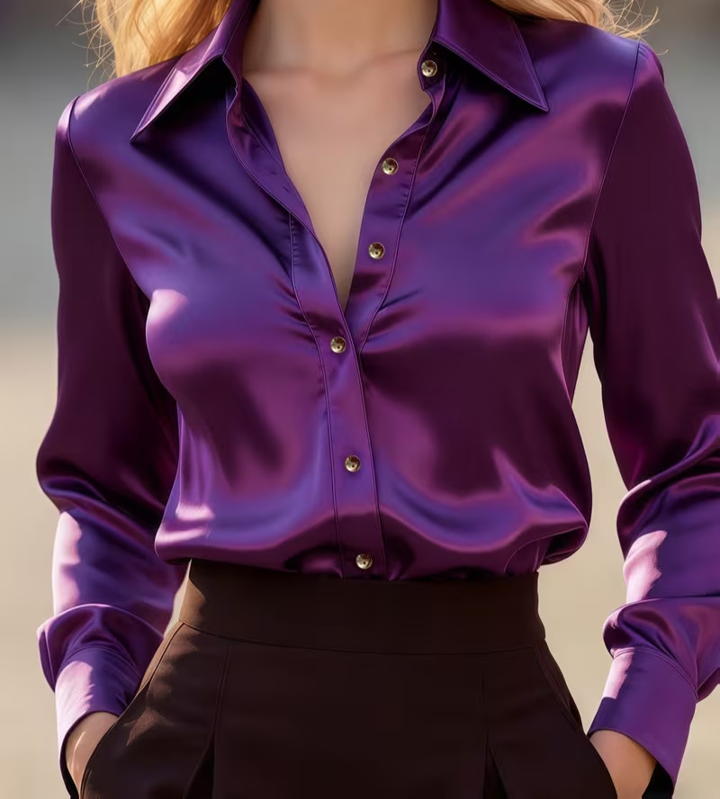 New Classy Elegant Luxurious Sexy Purple Satin Long Sleeve Blouse XL NEW