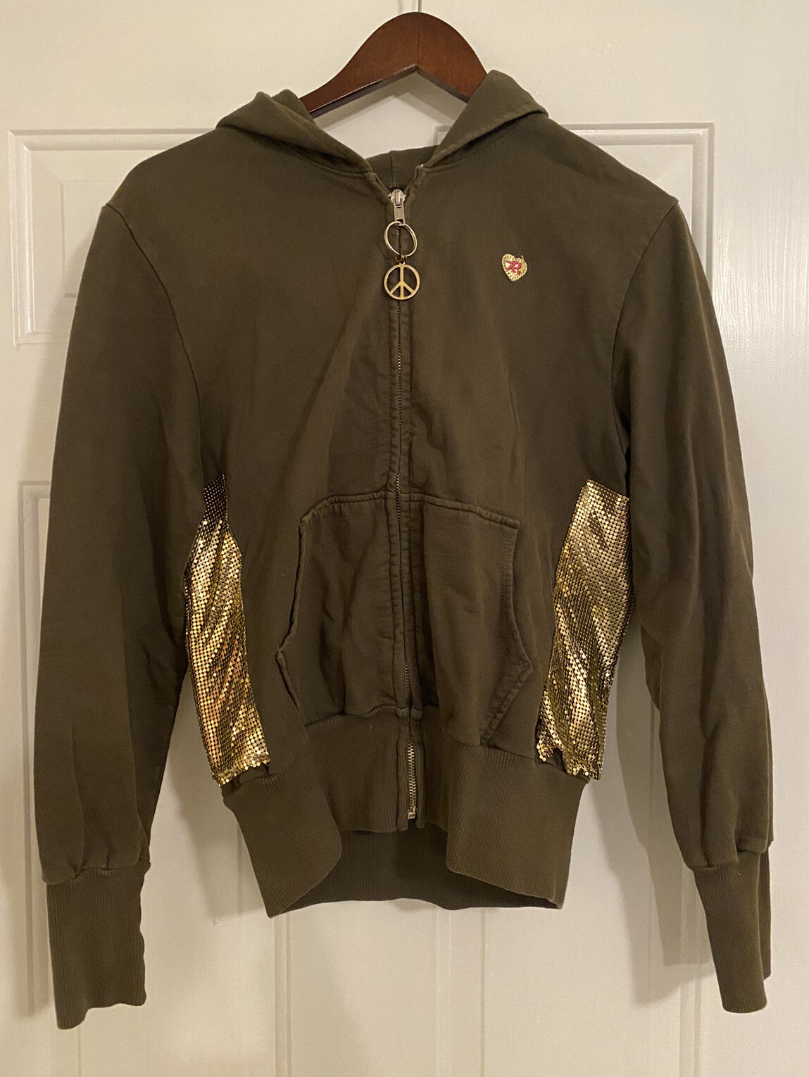 PRIMP Women’s Jr’s Medium Zip Up Hoodie Green Gold Embellished SEE Description