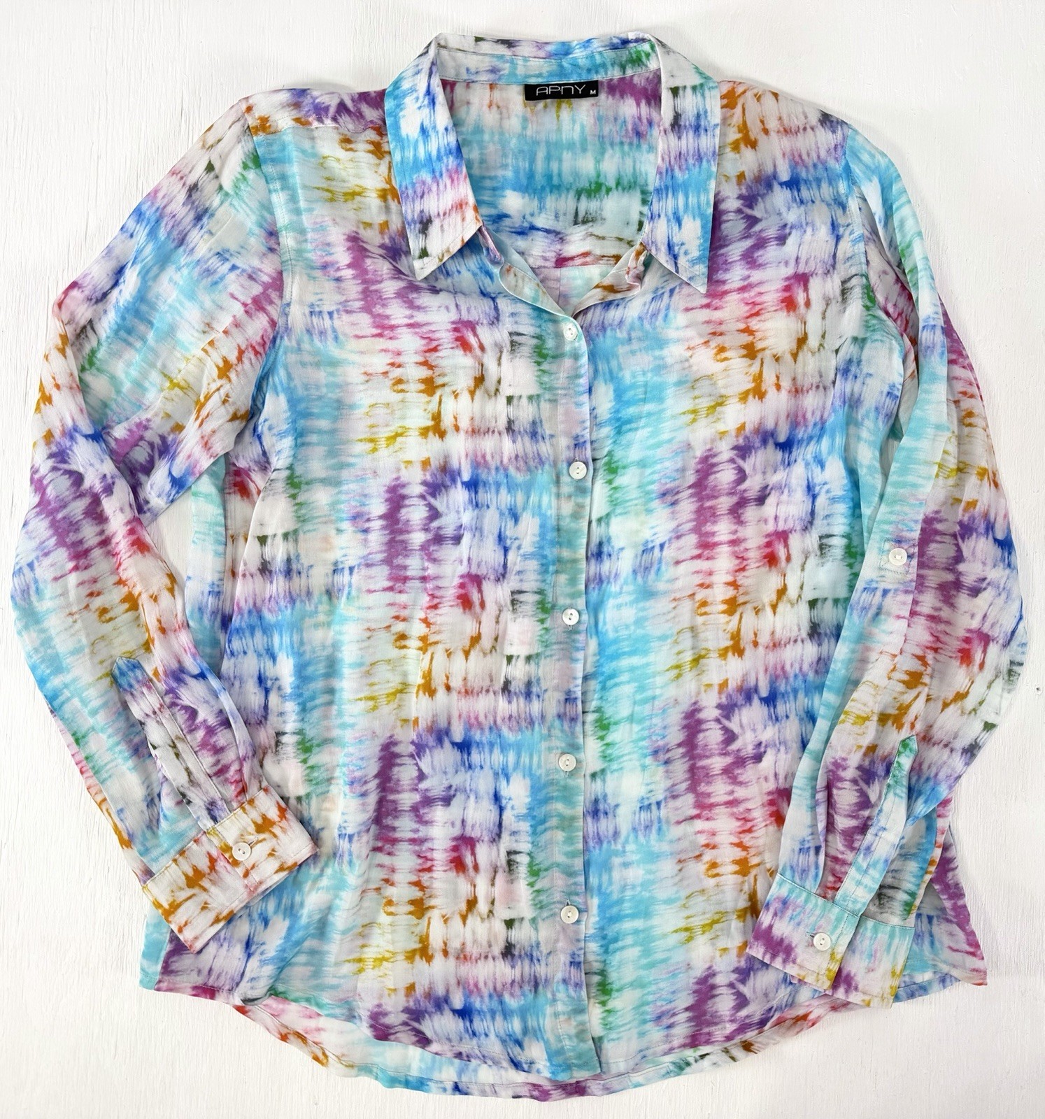 APNY Button-up W/ Roll-up Sleeve Shirt Women’s Size M Rainbow Tie Dye Top Blouse