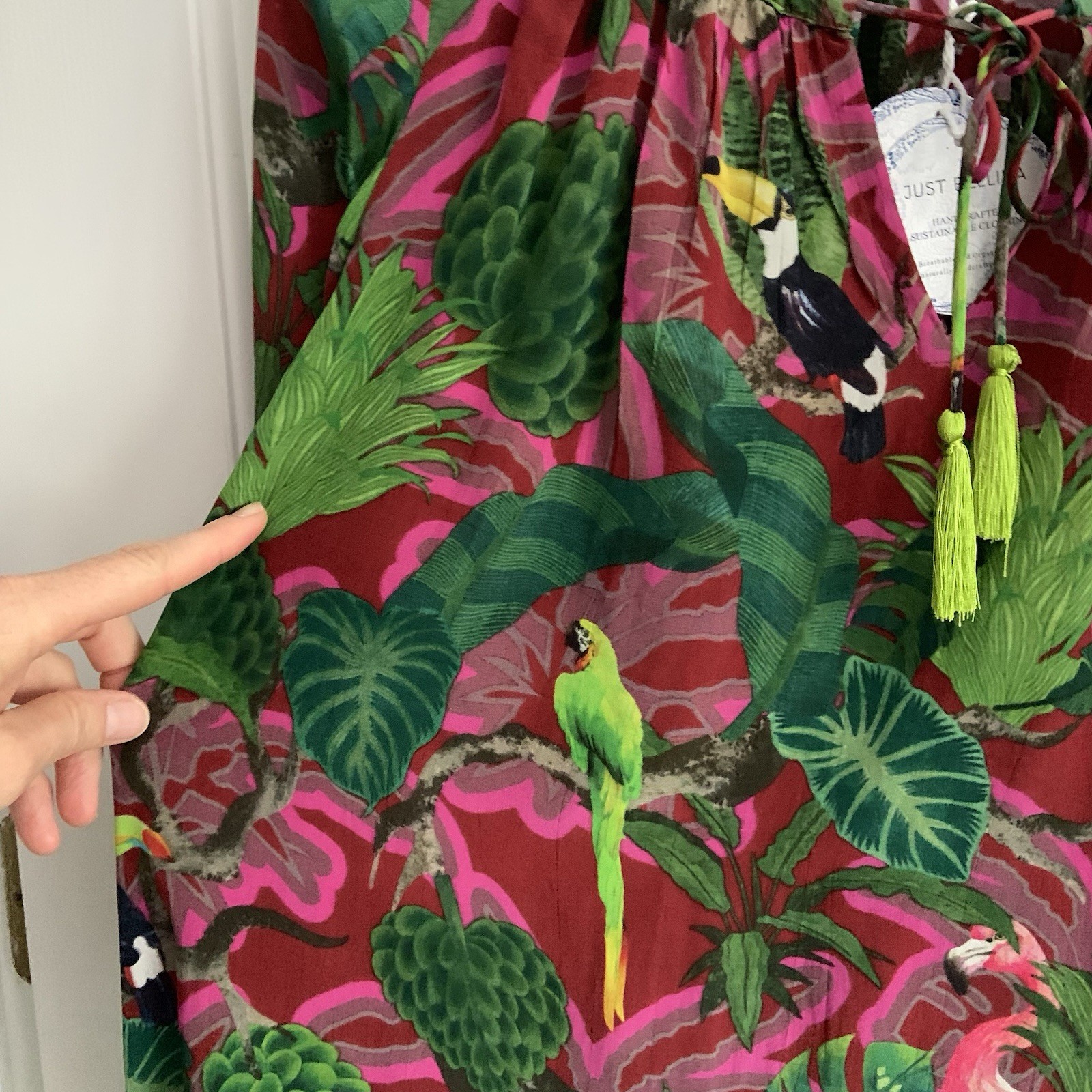 Just Bellina Tropical Parrot Tucan Floral Peasant Festival Blouse Tassels sz XS
