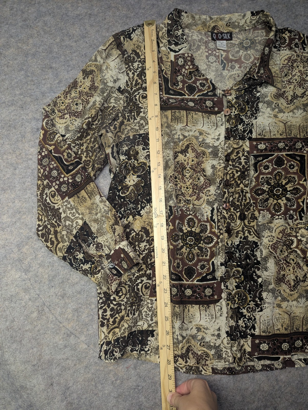 Vintage Quo Silk Large Button Down Brown Tan Pattern Western