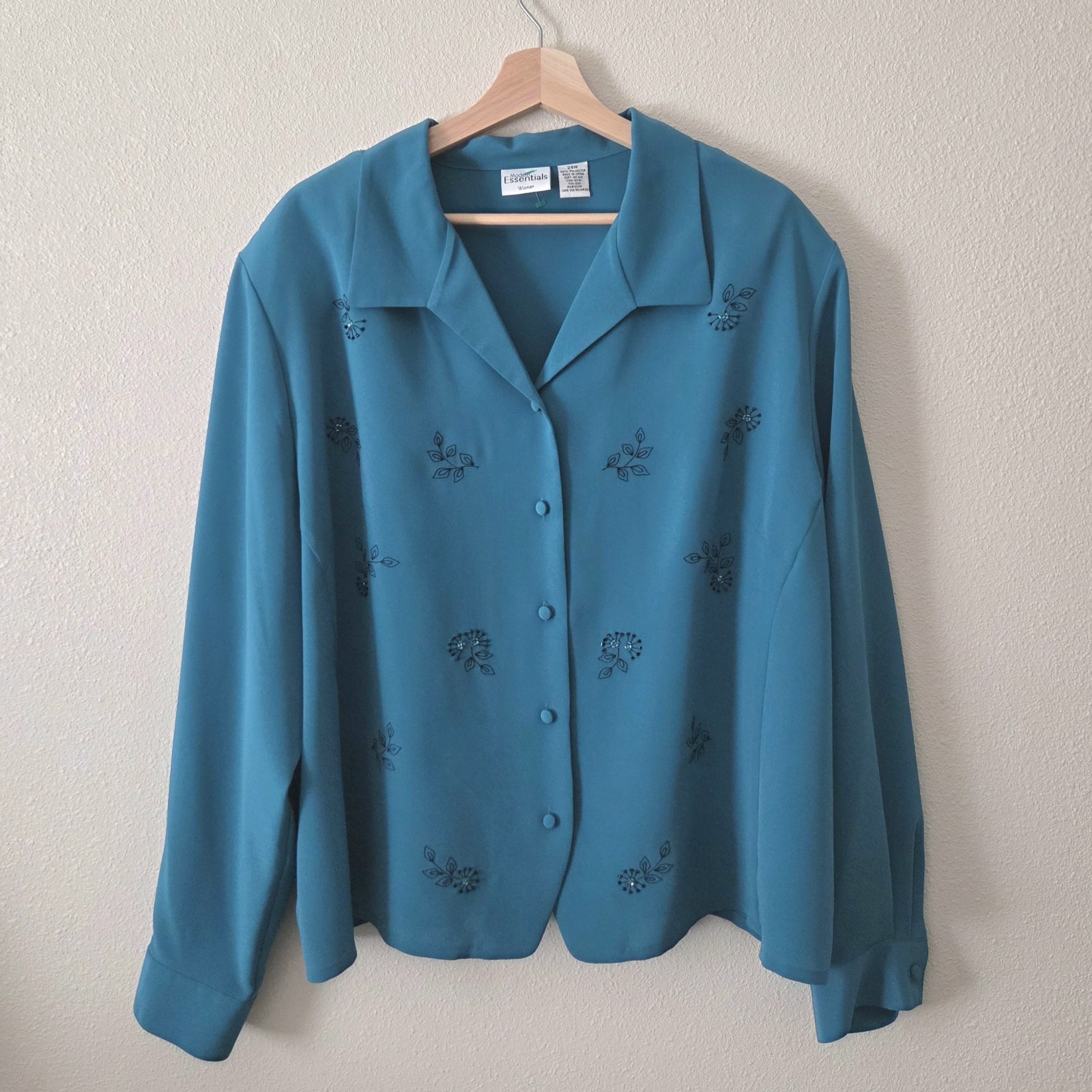 MODERN Essentials WOMAN Dark Teal Button Up Blouse Plus 24W Embellish Embroidery