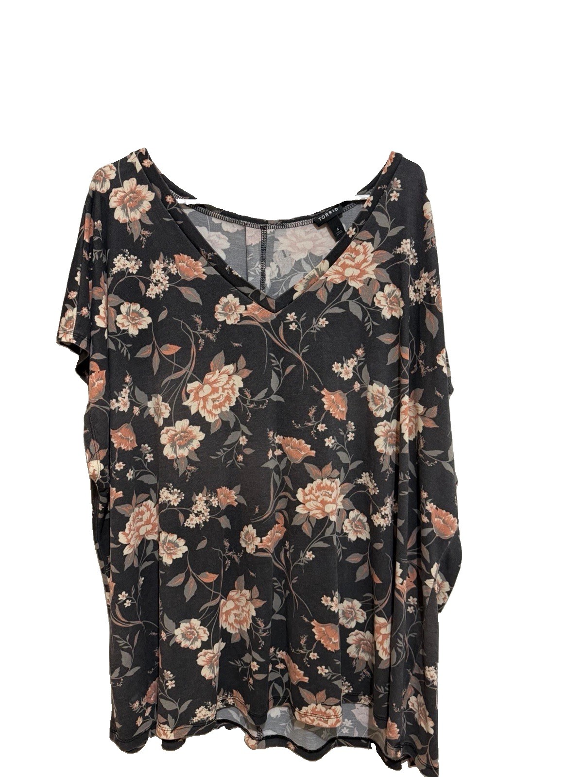 Torrid Floral V Neck Top Size 4 Black Peach Short Sleeve Pullover Blouse