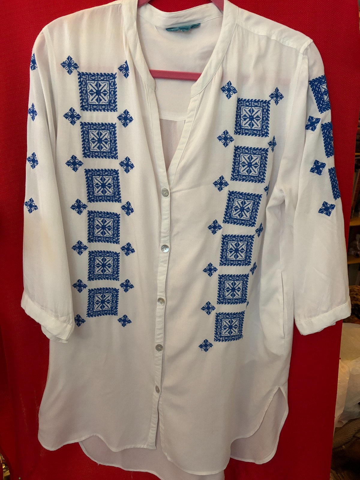 Blue Island Beach Coverup Boho Embroidered Top – M – Pre-owned