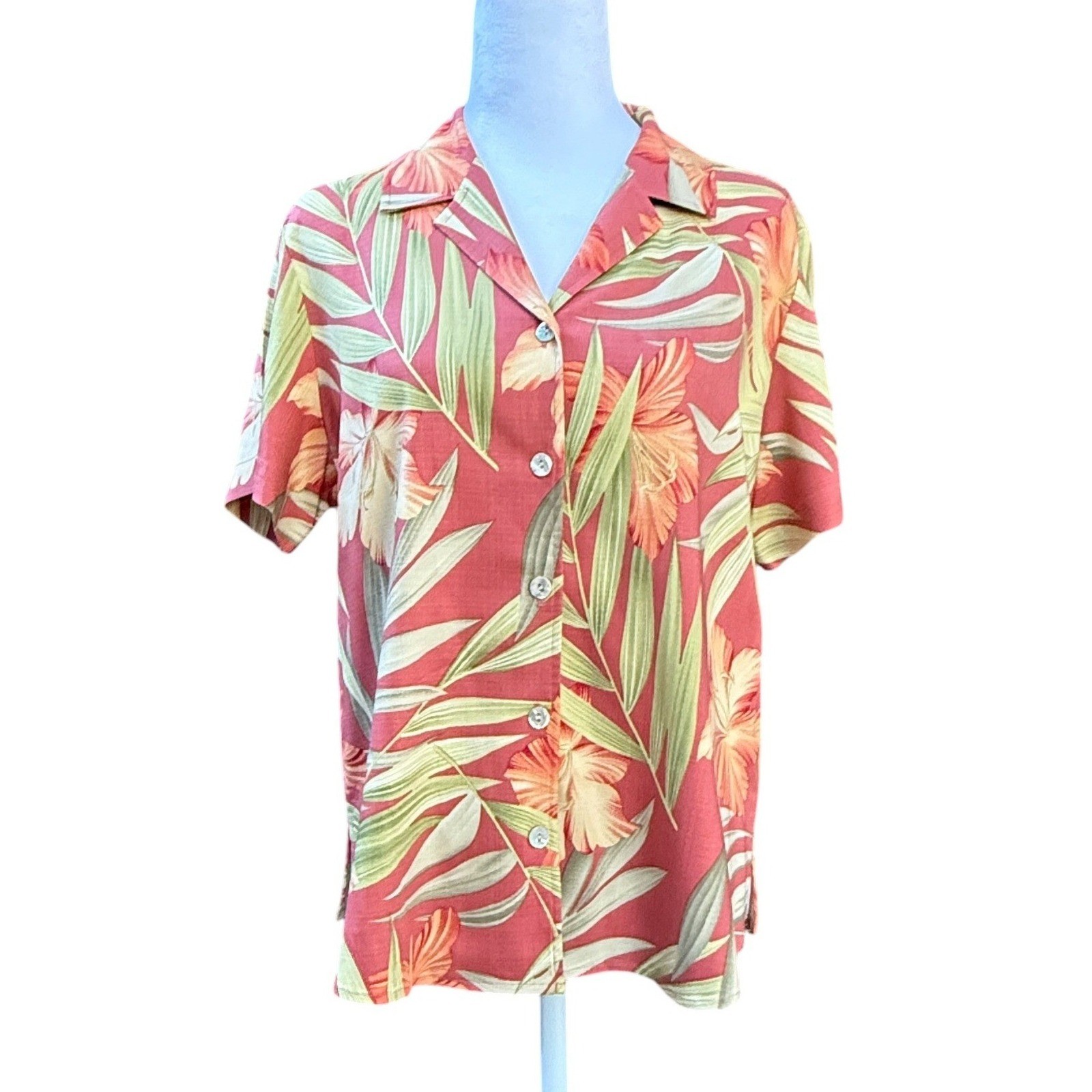 Tommy Bahama Womens Medium Coral Silk Blend Tropical Floral Palm Hawaiian Shirt