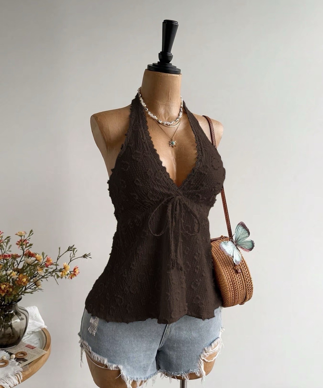 Y2K Boho Backless Adjustable Halter Lace Top
