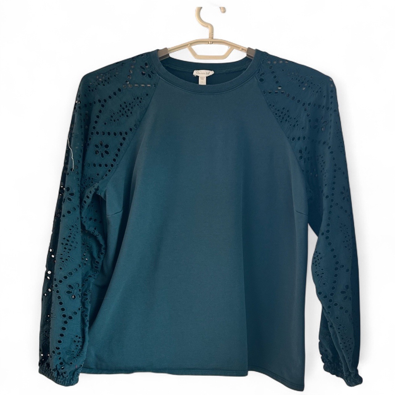 Garnet Hill Womans Top Size Large Eyelet Organic Cotton Sustainable Teal Hunter