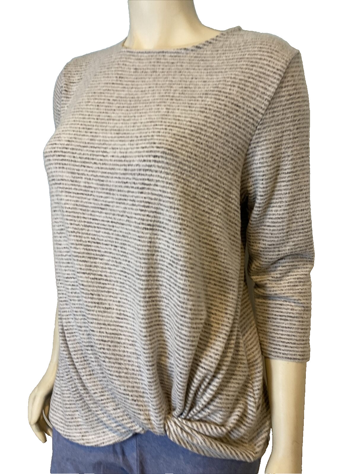Matty M Gray and White Striped 3/4 Sleeve Round Neck Tie at Hip Top Size M