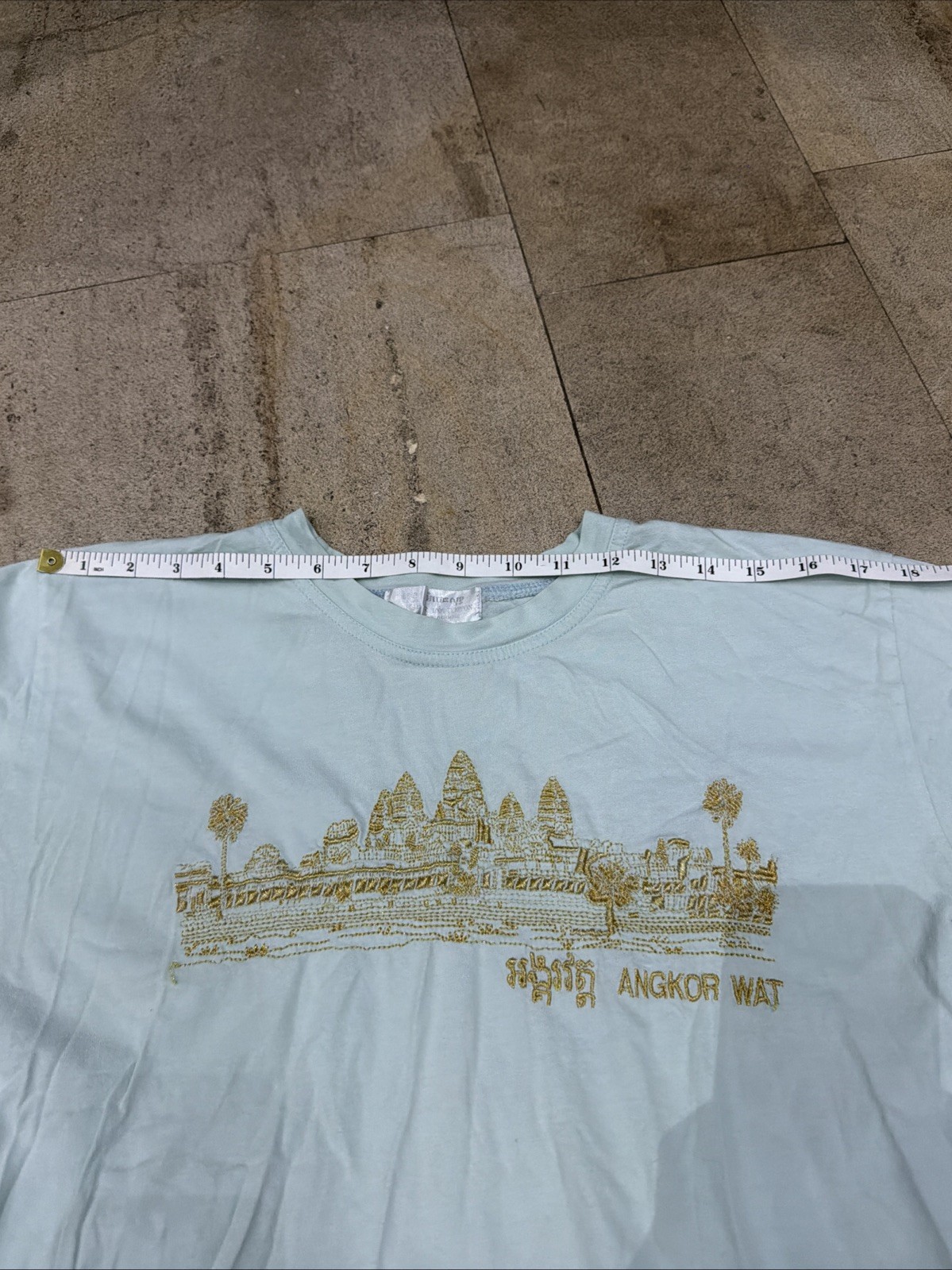 Angkor Wat Cambodian Temple Artisan Handcrafted Gold Embroidered Blue T-Shirt