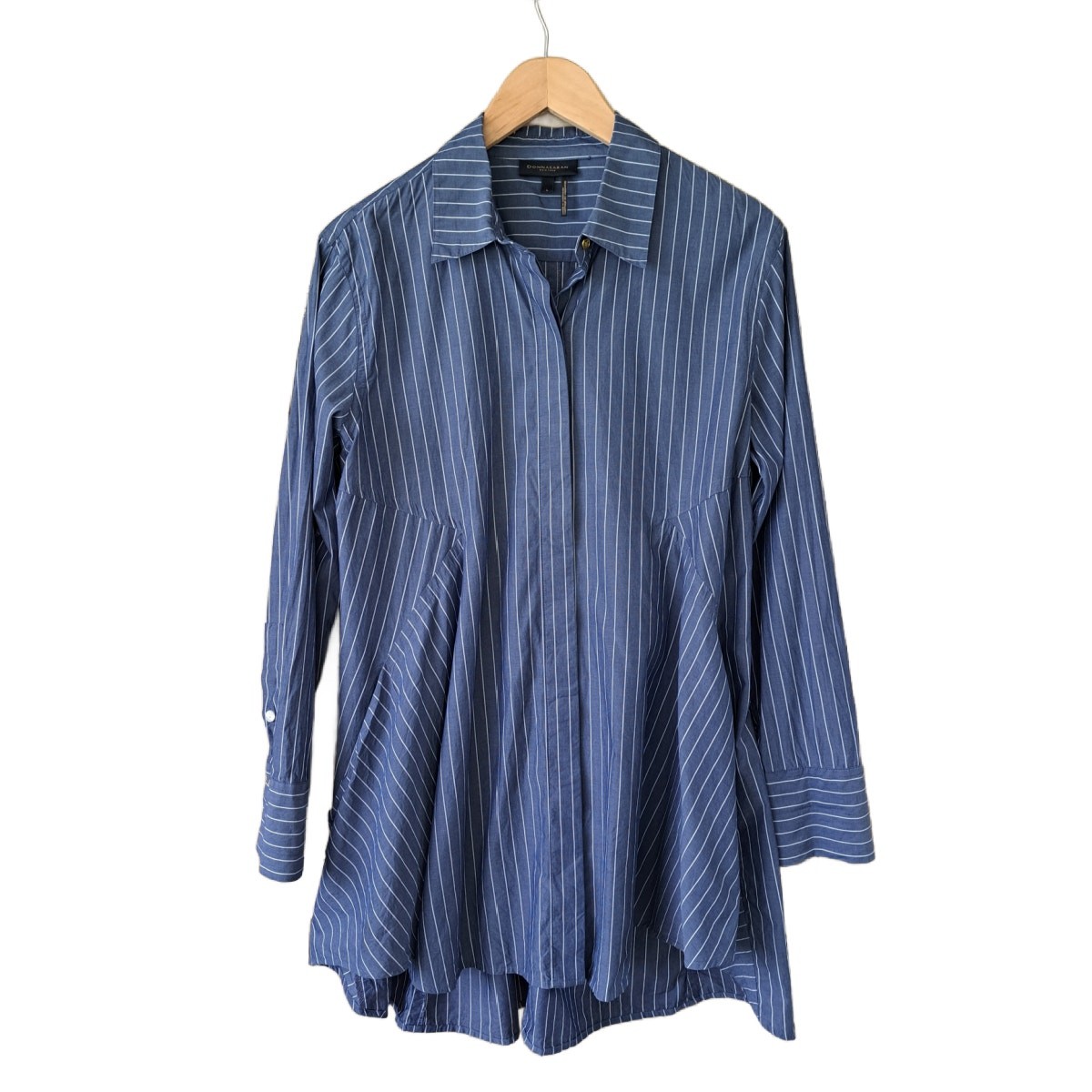 DONNA KARAN Blue Striped Button-Down Signature Tunic Top Large Mini Dress