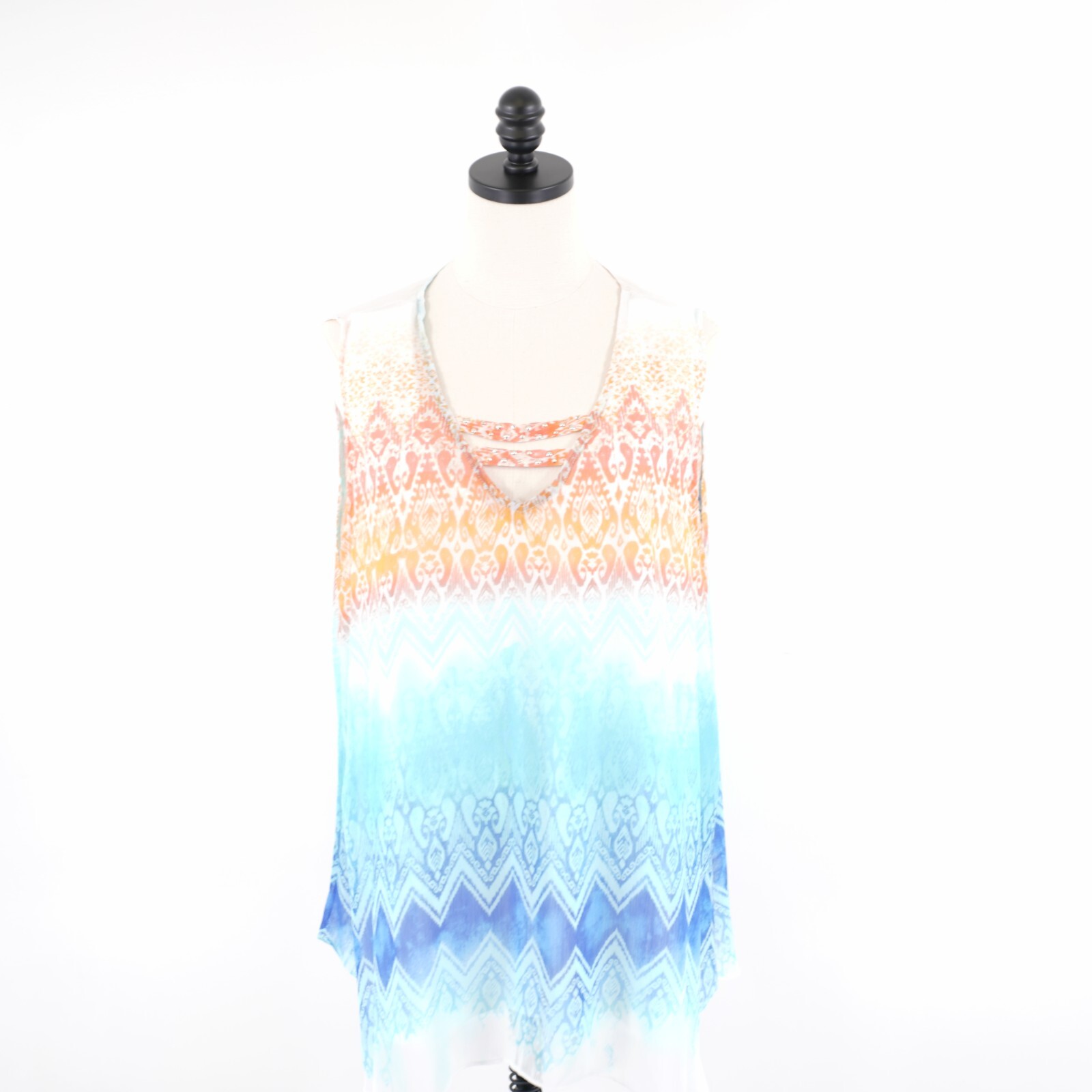 Hearts Of Palm Orange Blue Floral V-Neck Tunic Sleeveless Size 18 Sheer Polyeste