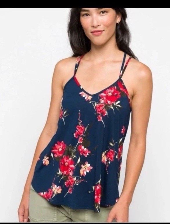 Papermoon Womens Floral Navy Blue Flowy Tank Blouse Sz M Vacation Travel Coastal