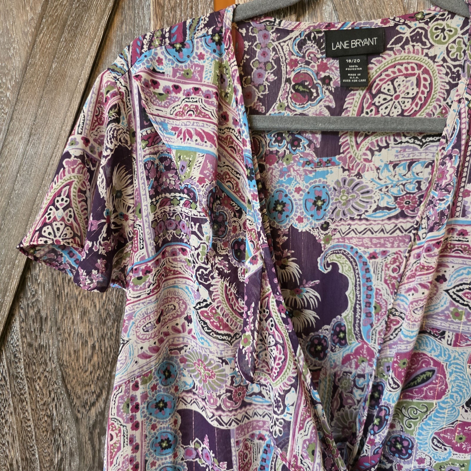 Lane Bryant Shirt Women’s Size 18/20 Purple Paisley Floral Wrap Blouse Sheer