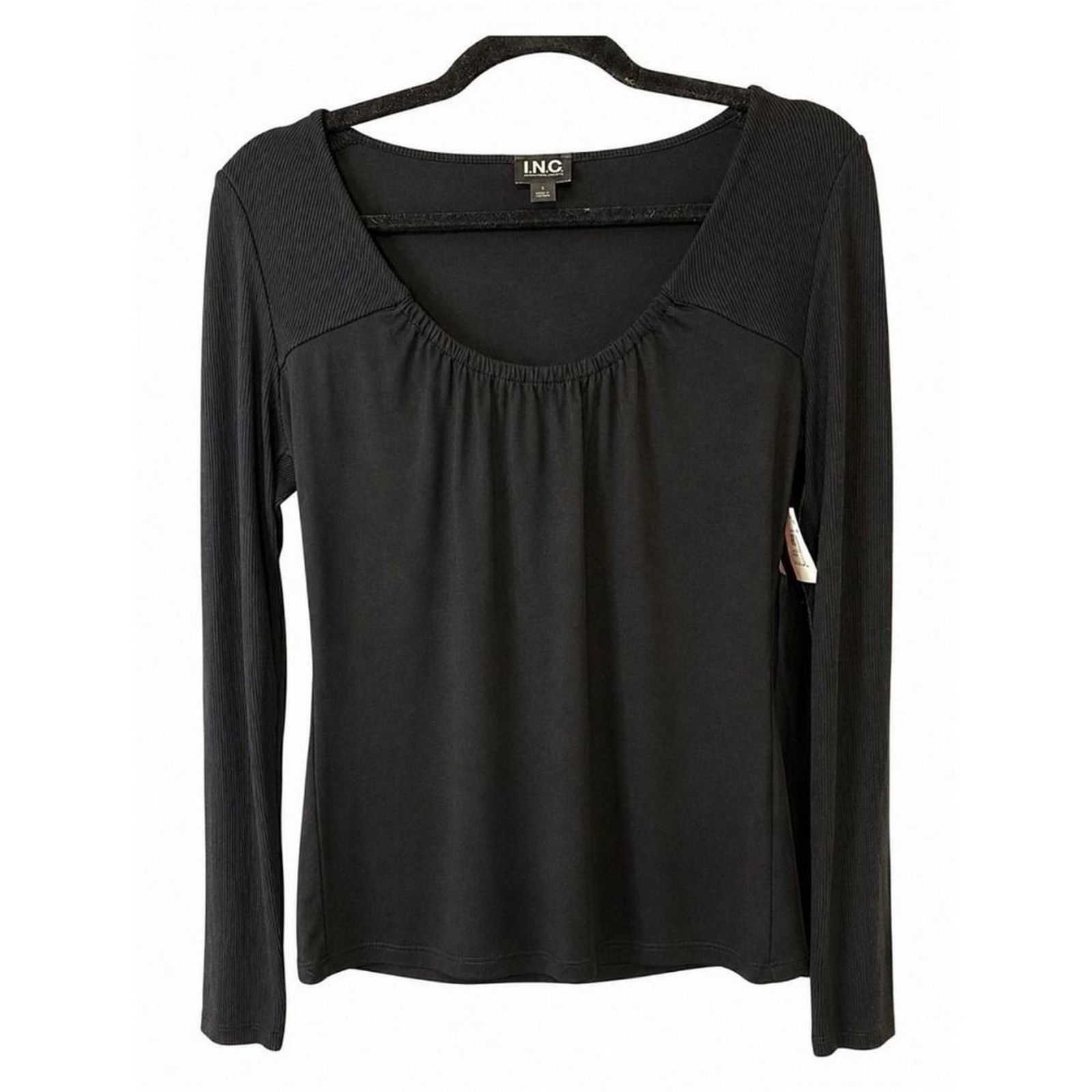 I.N.C. International Concepts Black Ribbed Long Sleeve Scoop Neck Top NWT Small