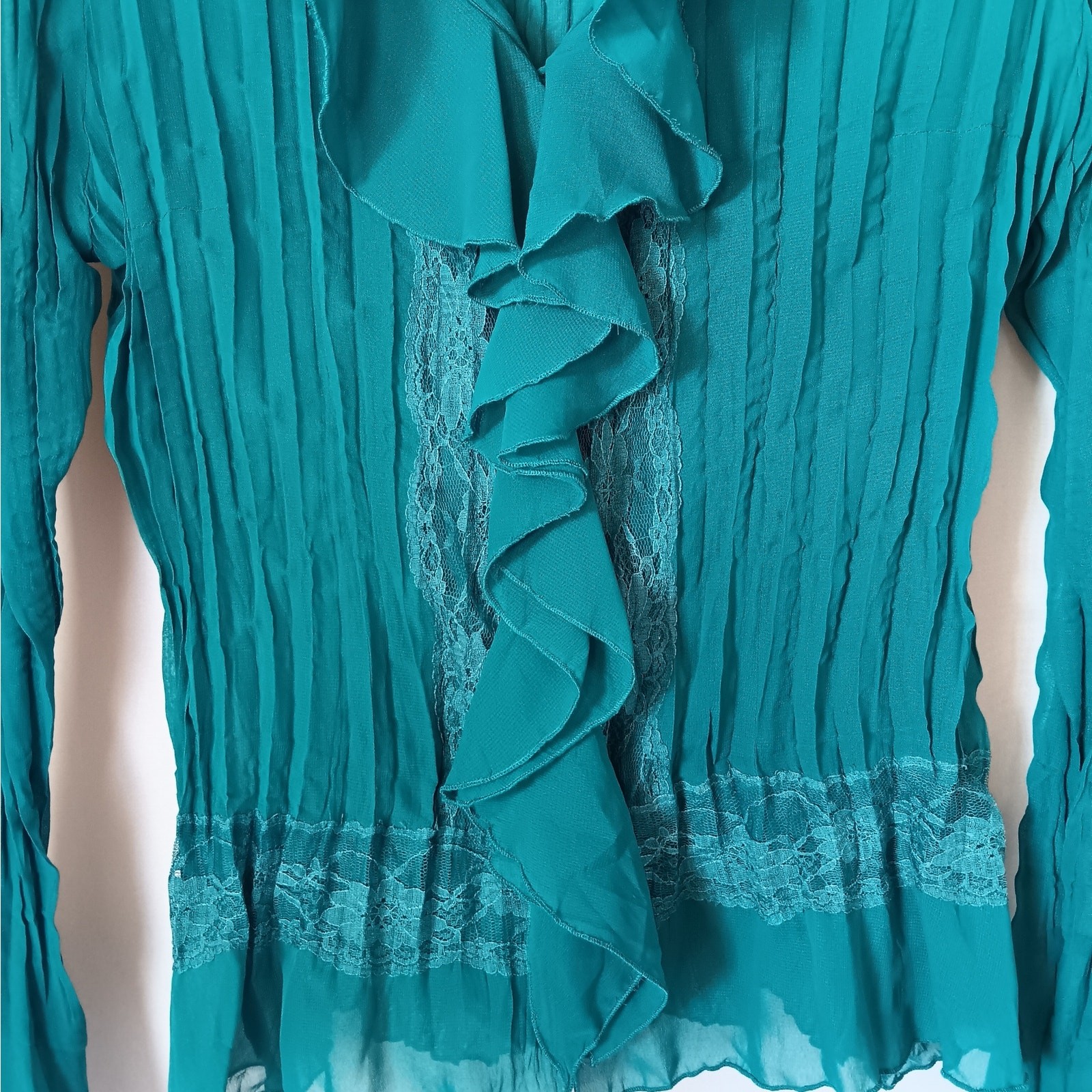 VTG Y2K NY Collection Sz S Teal Sheer Crinkle Fabric Ruffle & Lace Front Collar
