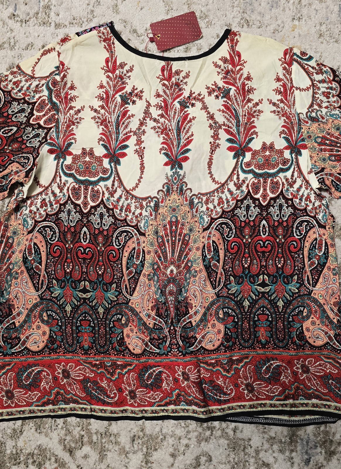 Kivenst Paisley Multicolor Red Cream Print Top Colorful Bohemian Blouse Size L