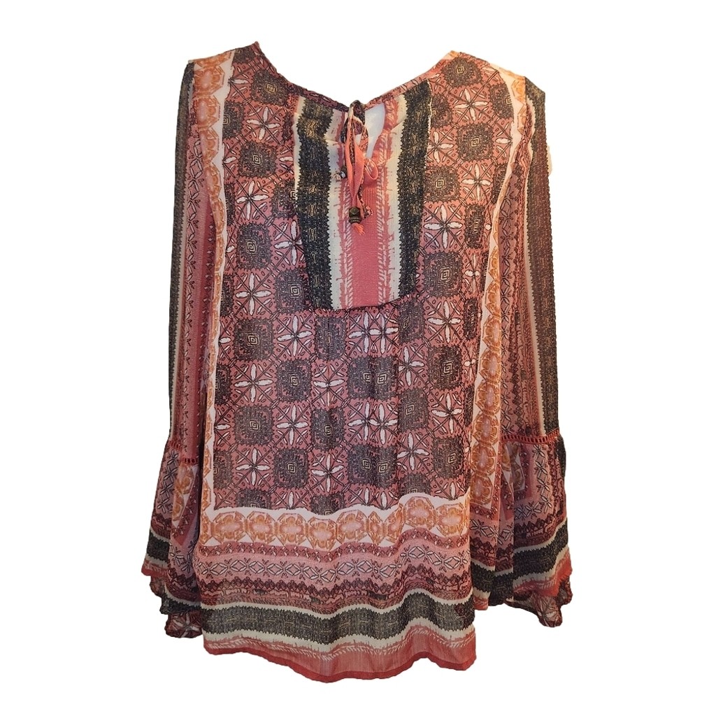 Knox Rose Ethnic Patterned Tunic in Coral Browns Gray Sz: S Oversized Flowy Boho