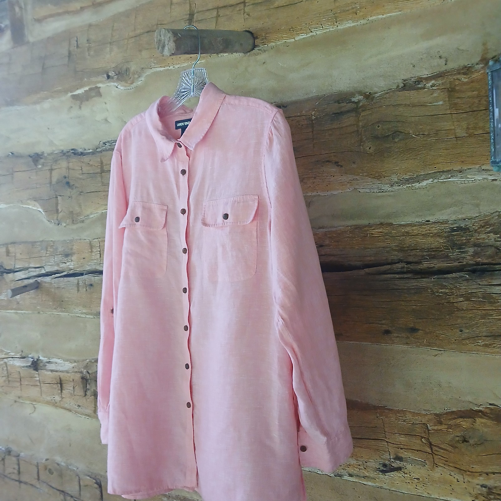 Lands’ End Women’s Shirt Long Sleeved Button Up Linen Peach Pink Large (14-16)