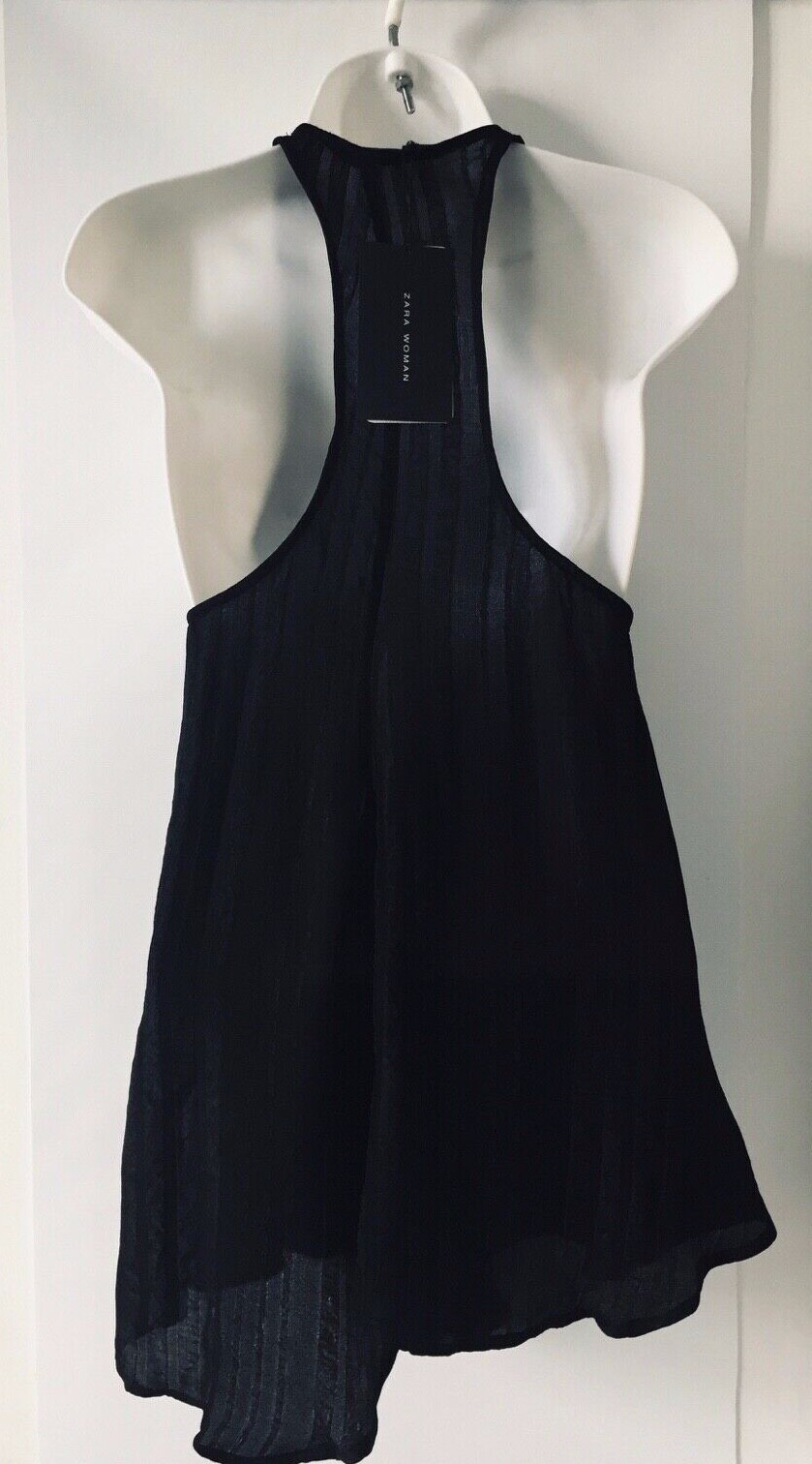 NWT ZARA Black Flowing Asymmetric Hem TOP Sleeveless Semi-Sheer Size XS 6791