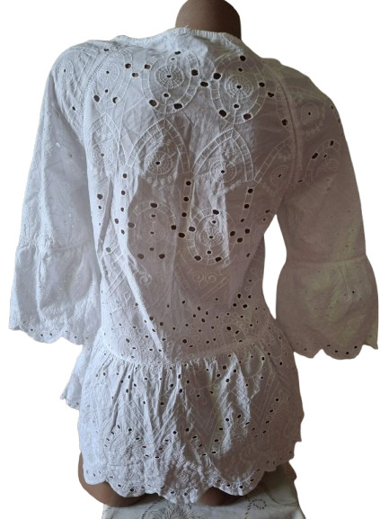 F&F White Cotton Eyelet Blouse Embroidered Lace Ruffle Peasant Top Cottagecore S