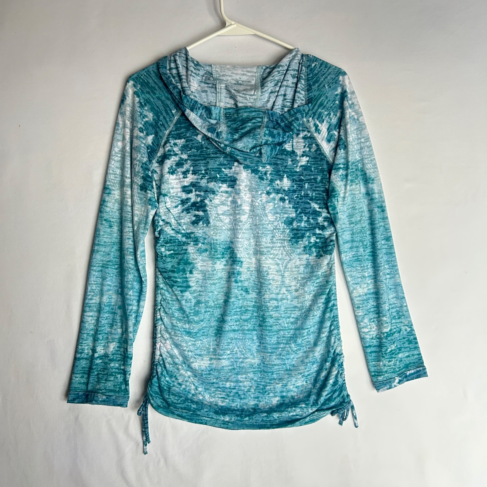 Kuhl Destini Burnout Ruched Hoodie Thumb Holes Pullover Lightweight Aqua Women S