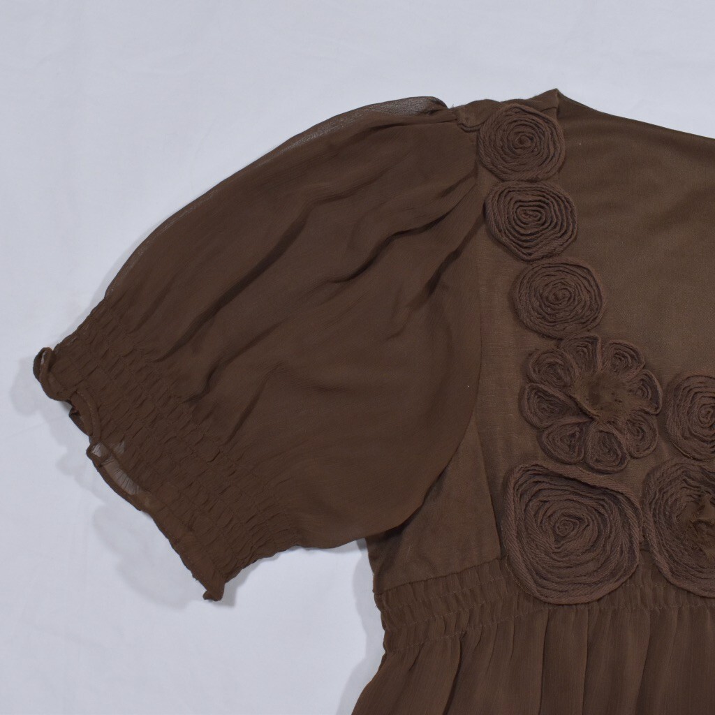 ECI New York Brown Chiffon Short Sleeve Babydoll Lined Blouse, Rosettes, Size 10