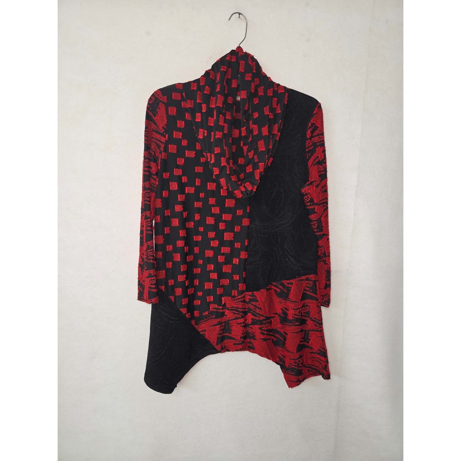 Caleoas Tunic Top Womens Size M Red Black Asymmetrical Mixed Media Cowl Neck