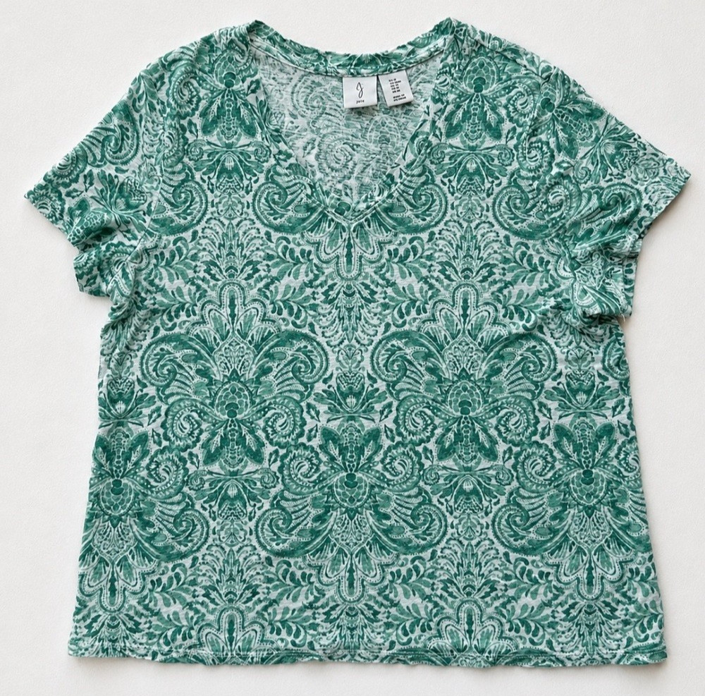Joie Linen Blend T Shirt Womens M Green Paisley Damask V Neck Boho Coastal