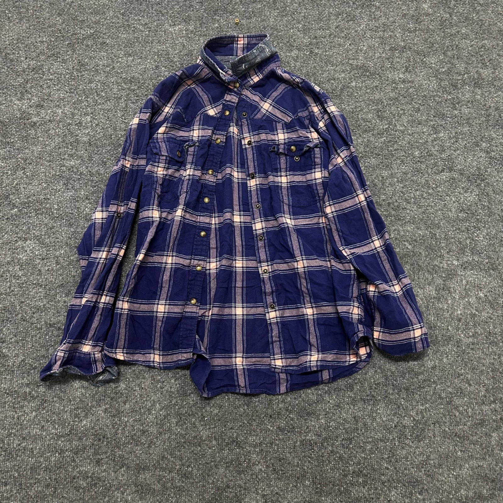 Jachs Girlfriend Button Down Womens Size M Blue Pink Plaid Western Roll Tab